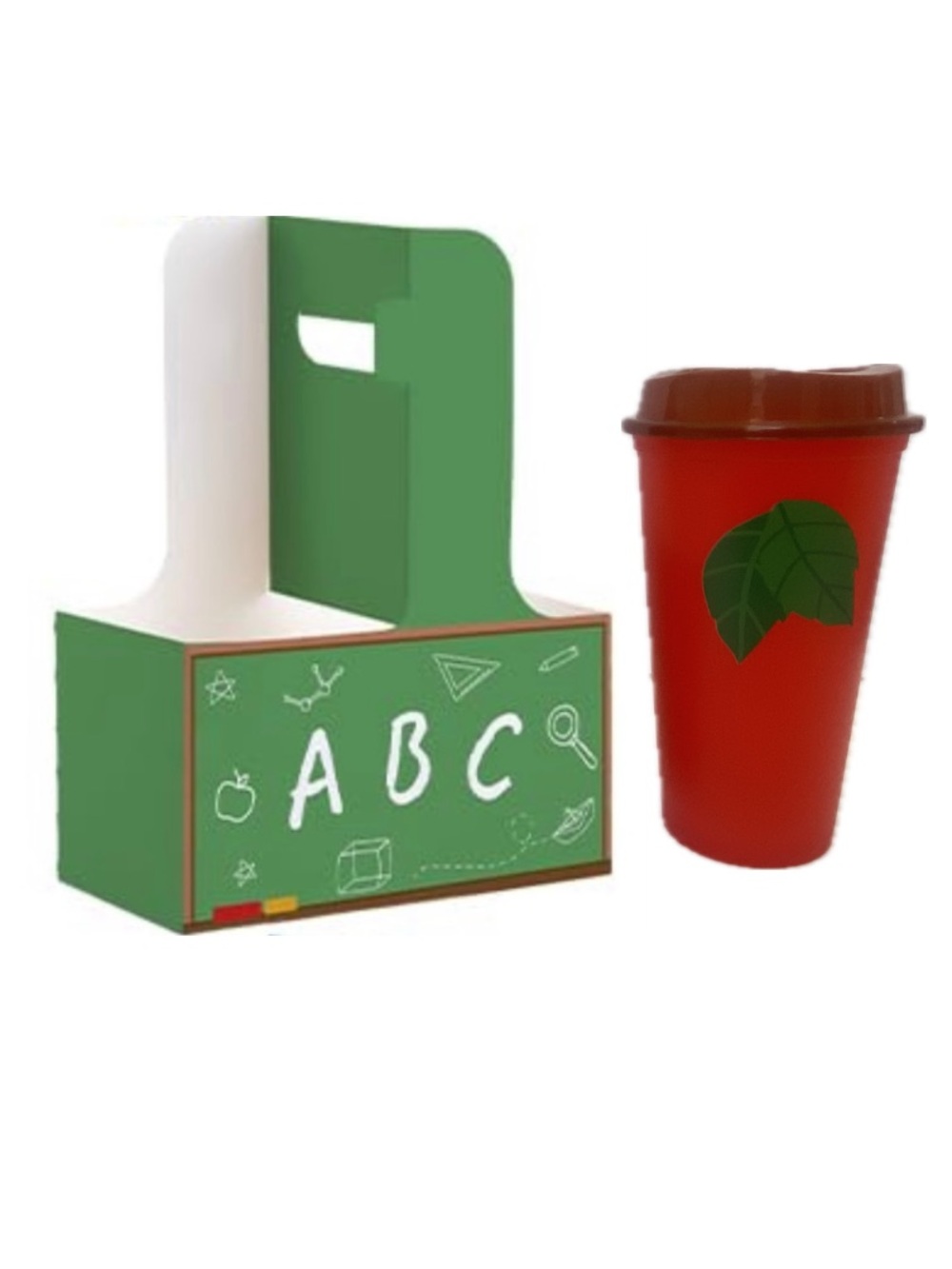 Teacher Gift - Chalkboard Design Drink Carrier & Reusable Apple Design Cup NEW